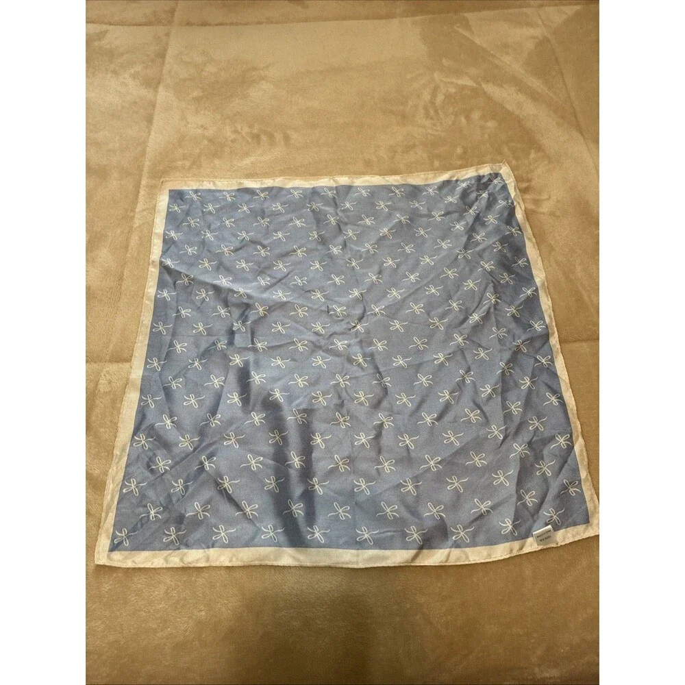 Vintage 100% Silk Scarf Cottage Blue Cream Bows Square